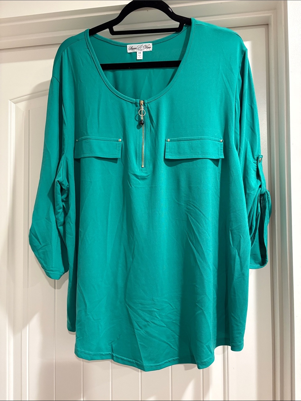 Susan Graver Teal Zip-Front Roll-Sleeve Blouse